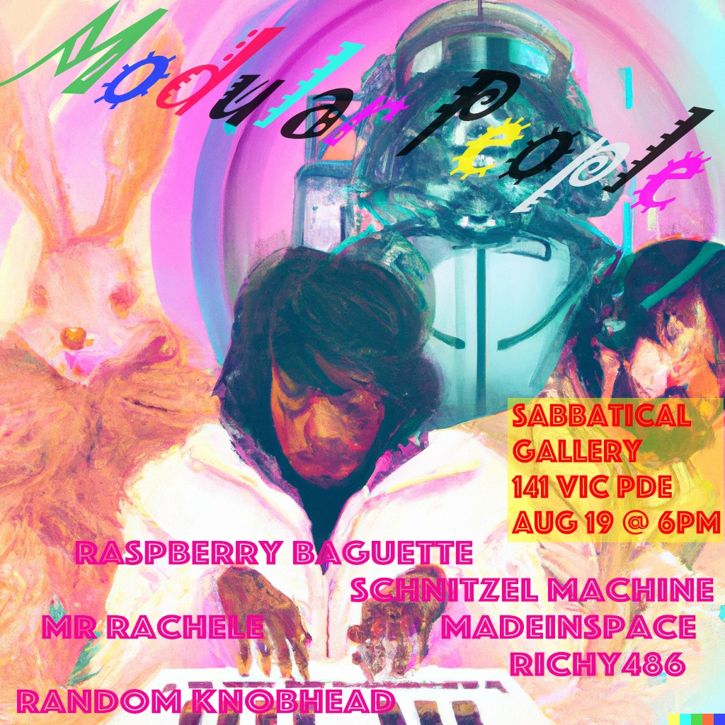 Poster for the Modular People Synth show in August 19th 2023 at Sabbatical Gallery, 141 Victoria Parade, Collingwood (not Fitzroy), the background shows a â€˜guineabitâ€™, a cross between a rabbit and a guineapig (I think), a man playing a keyboard in a white coat, a green space man behind him and another man facing away and smiling. It lists the performers over the top Raspberry Baguette, Schnitzle Machine, Mr Rachele, Made In Space, richy486, Random Knobhead.